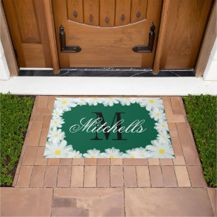 Klassiek monogram groen en wit madeliefje grote deurmat