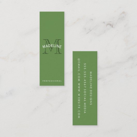 Klassiek monogram groen met boogtekst mini visitekaartje (Voorkant / Achterkant)