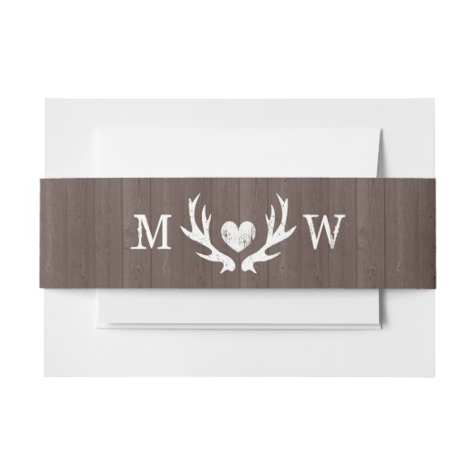 Klassiek monogram houtnerf hertenhoorn trouwfeest uitnodigingen wikkel (Voorkant Voorbeeld)