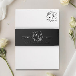 Klassiek monogram  kam krans zwart uitnodigingen wikkel