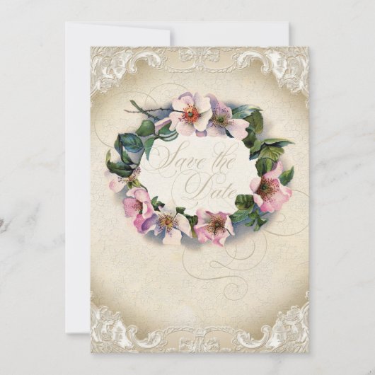 Klassiek Monogram Kanten Wilde Roze Roos Wervelend Save The Date (Voorkant)