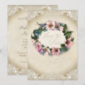 Klassiek Monogram Kanten Wilde Roze Roos Wervelend Save The Date (Voorkant / Achterkant)
