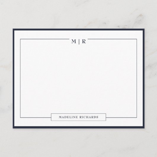 Klassiek Monogram Navy Blauwe Rand Briefpapier Briefkaart (Voorkant)
