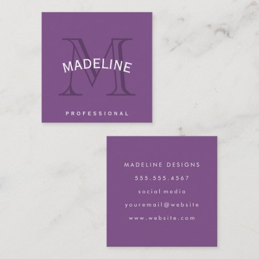 Klassiek monogram Paars met boogtekst Vierkante Visitekaartje (Voorkant / Achterkant)