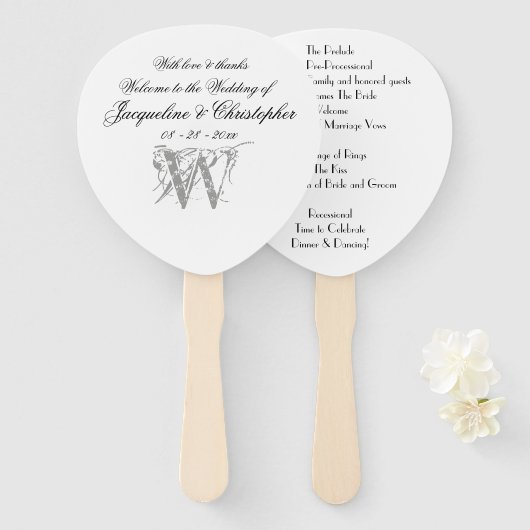 Klassiek Monogram Romantisch Witte Huwelijksprogra Handwaaier (Voorkant en achterkant)