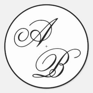 Klassiek Monogram Script Zwart & Wit Trouwen Ronde Sticker