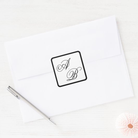 Klassiek Monogram Script Zwart & Wit Trouwen Vierkante Sticker (Envelop)