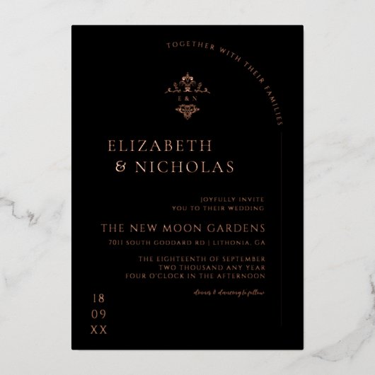 Klassiek Monogram | Sierlijke Boho Bruiloft Folie Uitnodiging (Voorkant)