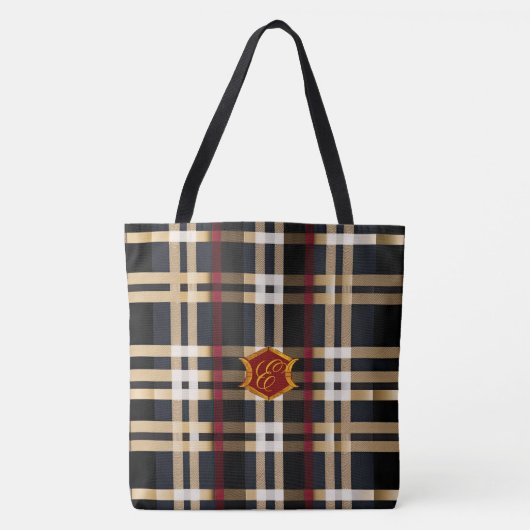 Klassiek monogram stijlvol, zwart rood en beige tote bag (Voorkant)