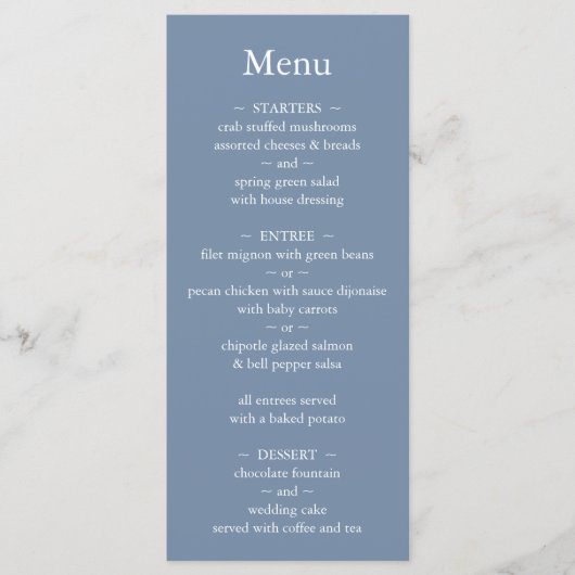 Klassiek Monogram Stoffig Blauw Bruiloft Menu (Voorkant)