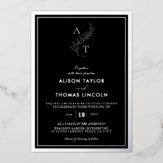 Klassiek Monogram Trouwen Zwart en Zilver Folie Uitnodiging