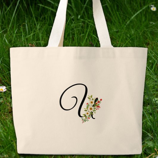 Klassiek monogram U rood witte bloem moeder cadeau Grote Tote Bag