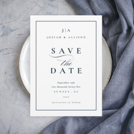 Klassiek Monogram zonder foto Navy Blauwe Trouw Save The Date