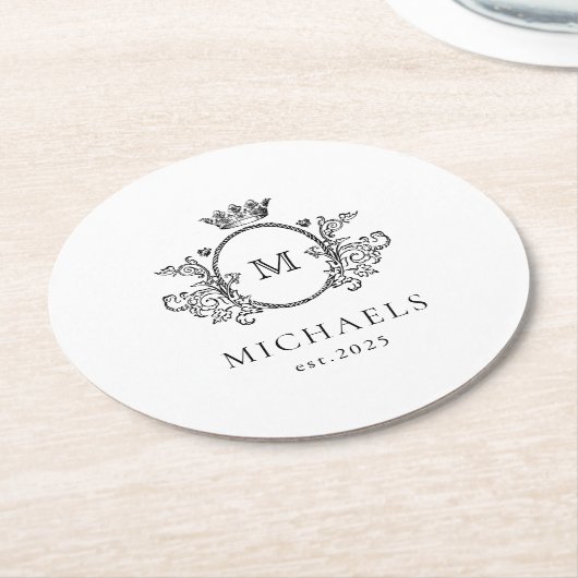 Klassiek Monogram Zwart-wit Rond Document Kolen Ronde Kartonnen Onderzetter (Gebogen)