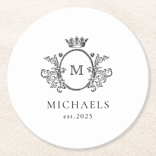Klassiek Monogram Zwart-wit Rond Document Kolen Ronde Kartonnen Onderzetter (Voorkant)