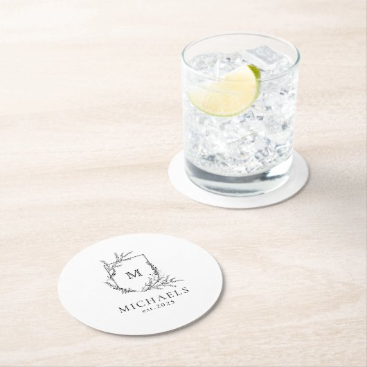 Klassiek Monogram Zwart-wit Rond Document Kolen Ronde Kartonnen Onderzetter (Insitu)