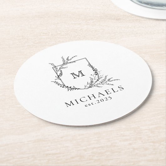 Klassiek Monogram Zwart-wit Rond Document Kolen Ronde Kartonnen Onderzetter (Gebogen)