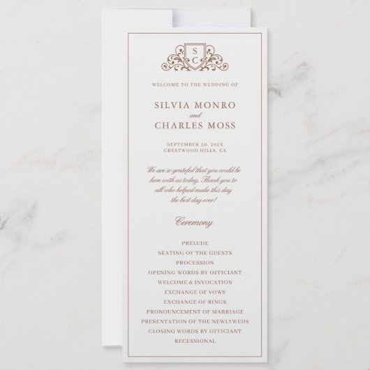Klassiek Monorgam Bruin & Ecru Huwelijksprogramma (Voorkant)