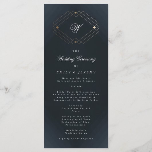 Klassiek Navy Blauw Calligrafie Monogram Trouwfees Programmakaart (Voorkant)