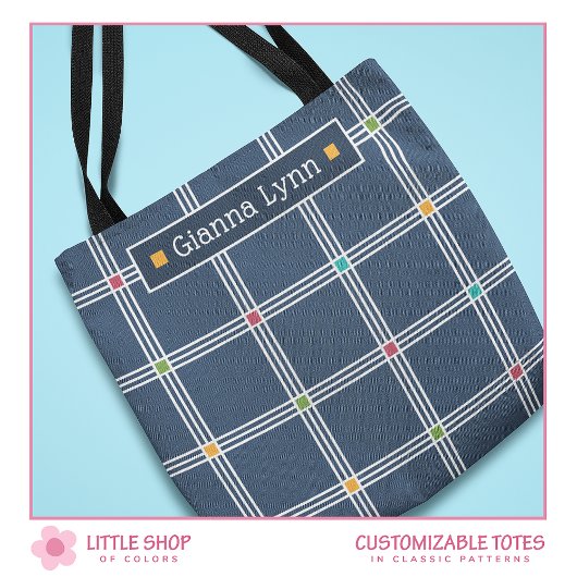 Klassiek Navy Blauw Geruit Monogram Tote Bag