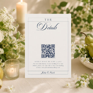 Klassiek Navy Blauw Ivoor Calligrafie QR Details Informatiekaartje