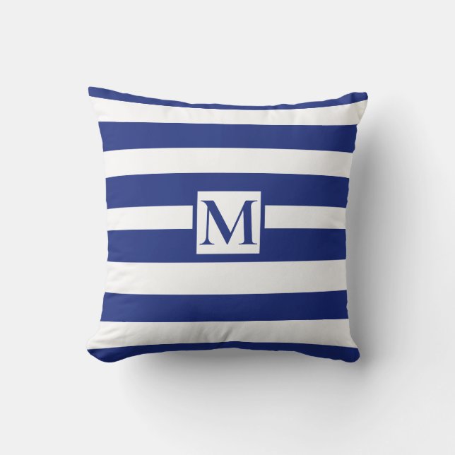 Klassiek navy blauw witte strepen monogram kussen (Voorkant)