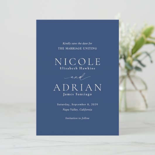 Klassiek Navy Blauwe Elegante Bruiloft Save The Date (Staand voorkant)