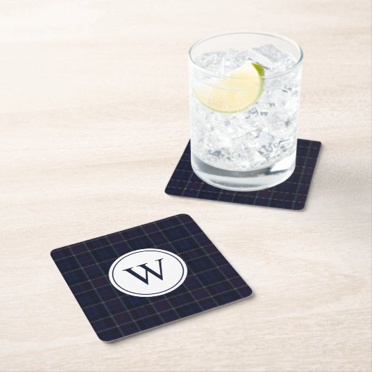 Klassiek Navy Blauwe Geruite Kerst Monogram Kartonnen Onderzetters (Insitu)