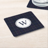 Klassiek Navy Blauwe Geruite Kerst Monogram Kartonnen Onderzetters (Schuin)