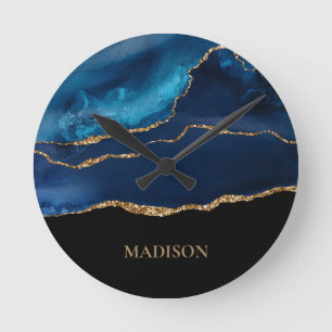 Klassiek Navy Blauwe Gouden Glitter Zwarte Eerste  Ronde Klok