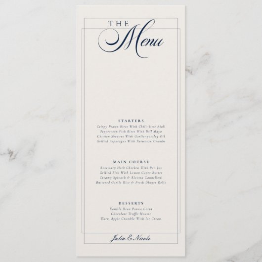 Klassiek Navy Blauwe Ivoor Calligrafie Trouwmenu Menu (Voorkant)