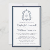 Klassiek Navy Blauwe Monogram Wapen Witte Trouw Kaart (Voorkant)
