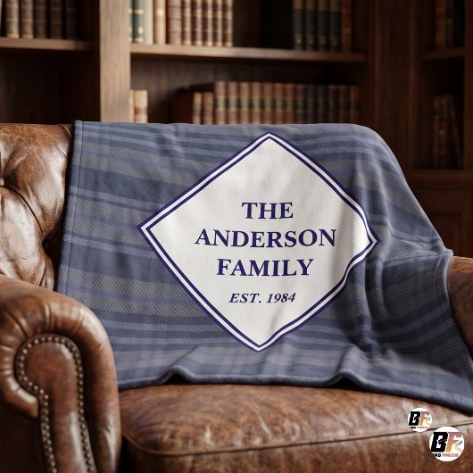 Klassiek Navy Blauwe Plaid Aangepaste Familienaam Fleece Deken