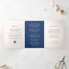 Klassiek Navy Blauwe QR Code Elegante Trouw Drieluik Uitnodiging