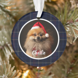 Klassiek Navy Blauwe Schotse Plaid Foto van Hond Ornament