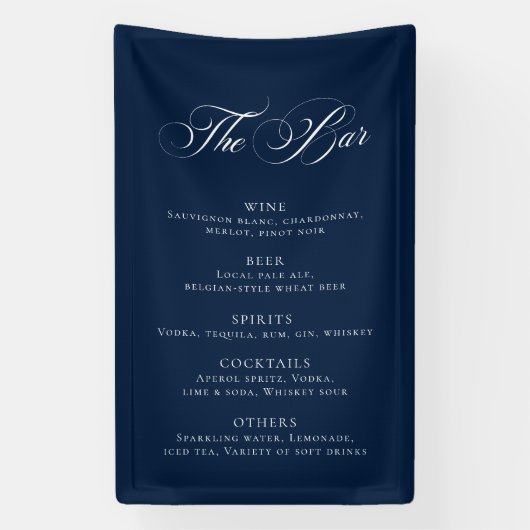 Klassiek Navy Blauwe Trouw Bar Menu Ontvangst Deco Spandoek (Verticaal)