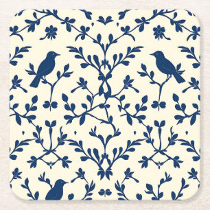 Klassiek Navy Blauwe Vogel Damast Toile Silhouet Kartonnen Onderzetters