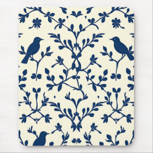 Klassiek Navy Blauwe Vogel Damast Toile Silhouet Muismat