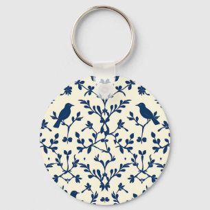 Klassiek Navy Blauwe Vogel Damast Toile Silhouet Sleutelhanger