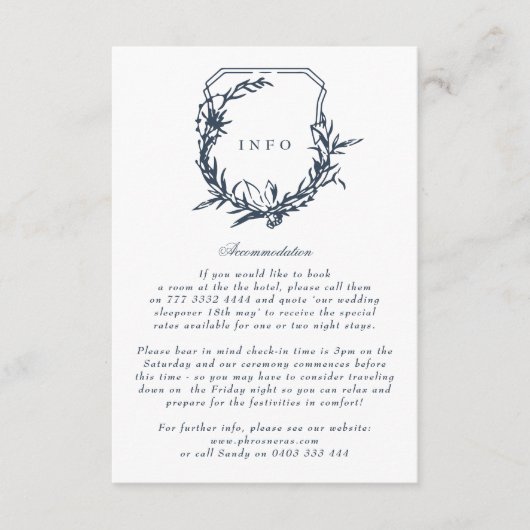 klassiek Navy Blue bloemenmonogram kuif Informatiekaartje (Voorkant)