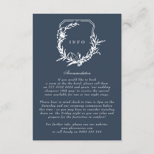 klassiek Navy Blue bloemenmonogram kuif Informatiekaartje (Voorkant)