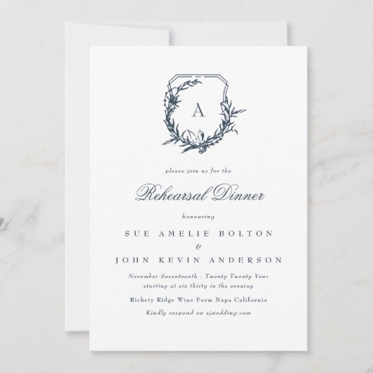 Klassiek Navy Blue Monogram Crest repetitie diner Kaart (Voorkant)