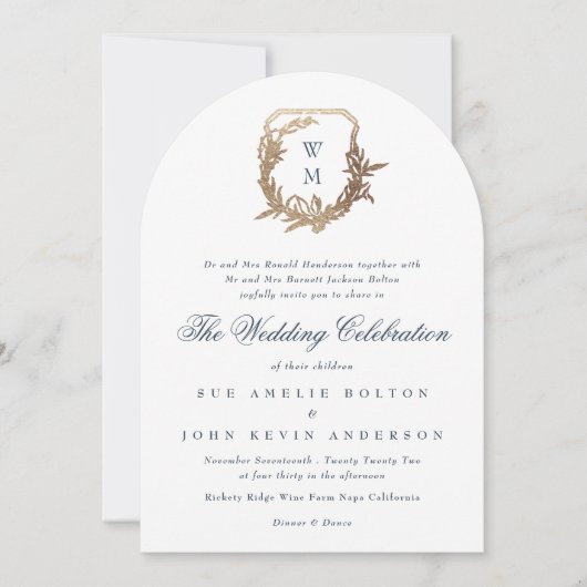 klassiek Navy Blue monogram gouden wapen boog Kaart (Voorkant)