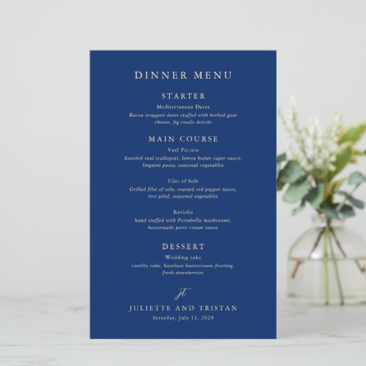 Klassiek Navy en Crème Elegant Trouwmenu (Staand voorkant)
