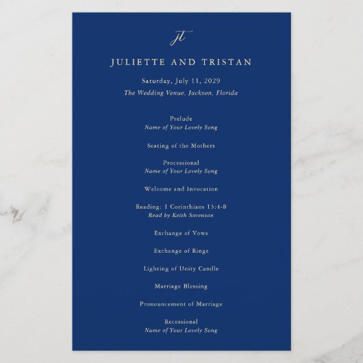 Klassiek Navy en Crème Elegant Trouwprogramma Flyer (Voorkant)