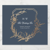 Klassiek Navy Gold Botanisch Motief Monogram Crest Likeurfles Etiket (Enkel label)