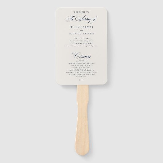 Klassiek Navy Ivoor Calligrafie Huwelijksprogramma Handwaaier (Voorkant)