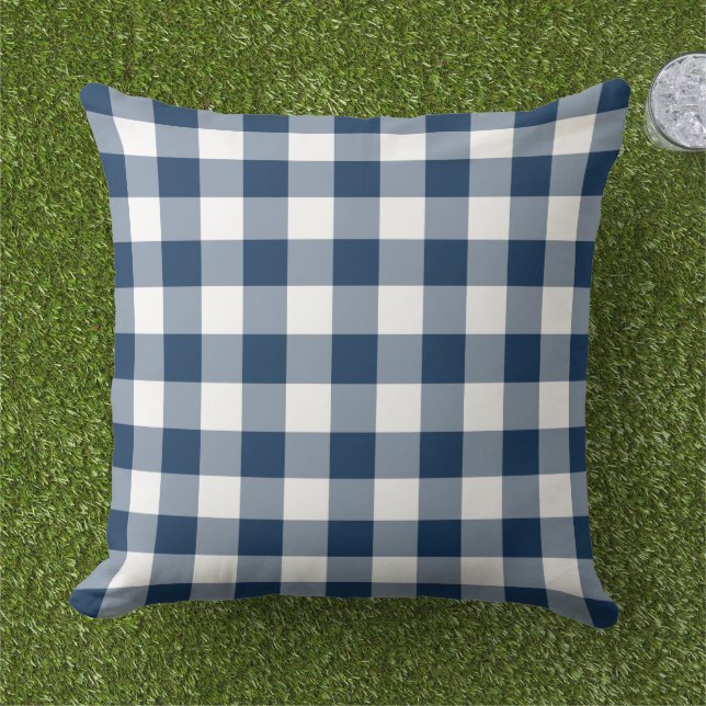 Klassiek Navy Wit Gingham Plaid Rut Buitenkussen (Gras)