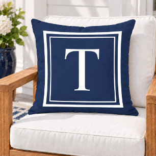 Klassiek Navy Wit Vierkant Frame Monogram Buitenkussen