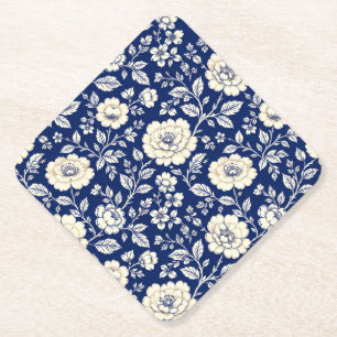 Klassiek Navyblauw & Crème Vintage Bloemmotief Bot Kartonnen Onderzetters